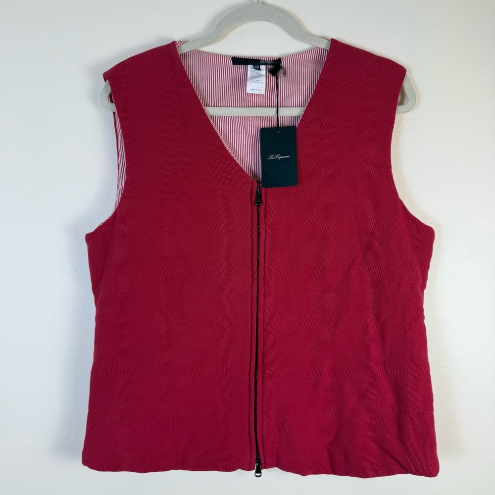 Les Copains Women Cherry‎ Red Zip-Up Vest Lined Soft Stripes Made in Italy 46/IV